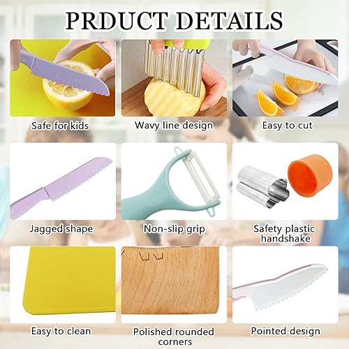 Miniatura 2 de 11 Piezas Cuchillos de Cocina de Madera para Niños, Juego de Cuchillos Rosa para Niños Incluye Cuchillo de Madera para Niños, Cuchillo de Plástico