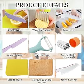 11 Pieces Wooden Kids Kitchen Knife, Pink Kids Knife Set Include Wood Kids Knife, Serrated Edges Plastic Toddler Knife, Crinkle Cutter, Sandwich Cutter, Y Peeler, Cutting Board