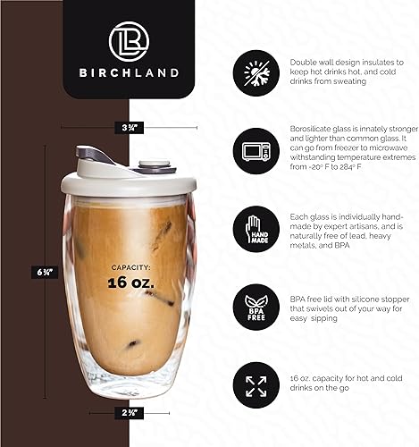 Miniatura 2 de Taza de café o té de vidrio de doble pared con tapa, 16 onzas, taza de café de viaje, vaso de café aislado, juego de 2