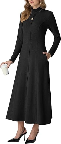 GRECERELLE Women's 2025 Fall Winter Casual Mock Neck Long Sleeve Flared Maxi Sweater Dress with Pockets (XS - 3XL)