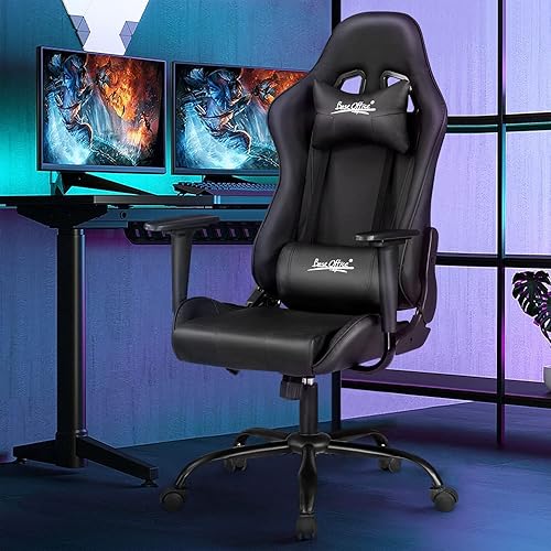 Miniatura 22 de Silla ergonómica para videojuegos, silla de juegos de piel sintética con reposacabezas, silla de carreras para computadora con soporte lumbar, silla