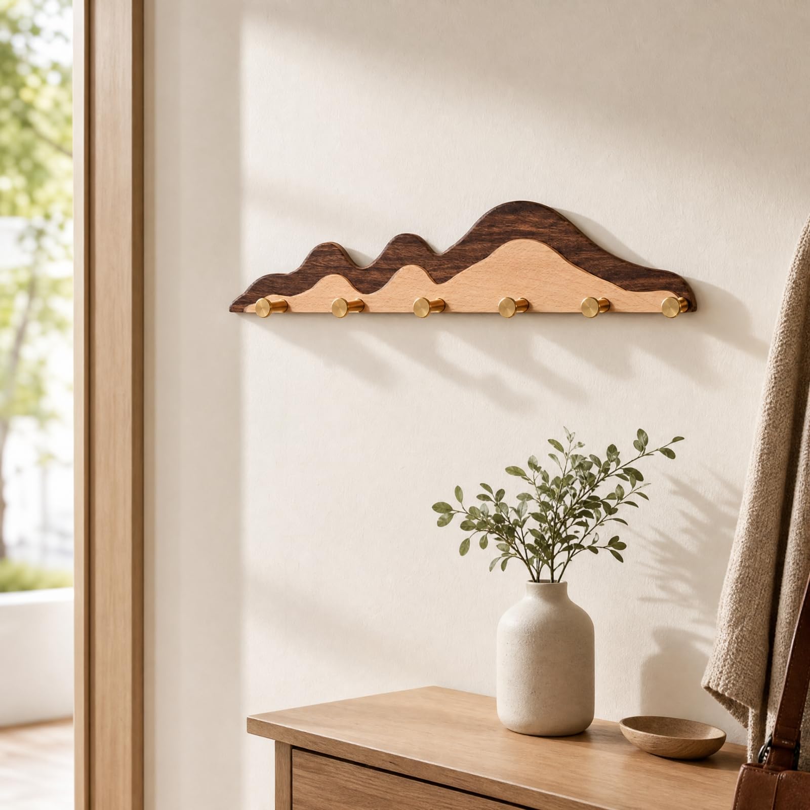 KESOTO Porte-Manteau Mural En Bois Sinueux Gain Patère Murale s Métalliques Polyvalent Patère En Bois Massif Naturel, 6 Crochets