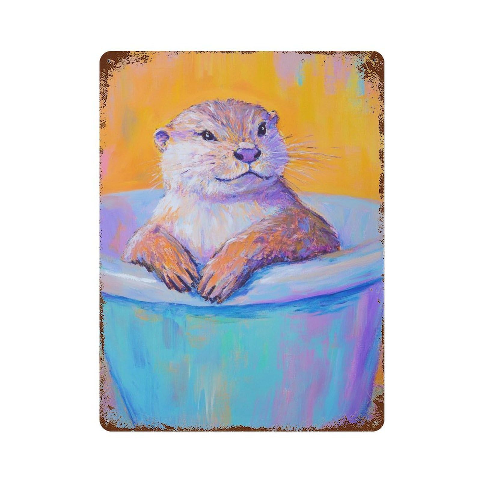 Otter in Bathtub Painting Weathered Tin Sign 15.7"x11.8", for Patio, Garden Room And Bar Decor, Farmhouse Wall Decor