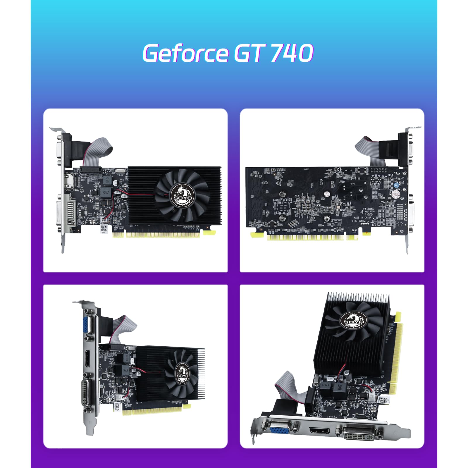 SOYO Geforce GT740 - Tarjeta gráfica de perfil bajo, 4 GB, DDR3, tarjeta de video de 128 bits con HDMI, VGA, DVI, PCI Express x16 3.0, GPU de computadora de ventilador único