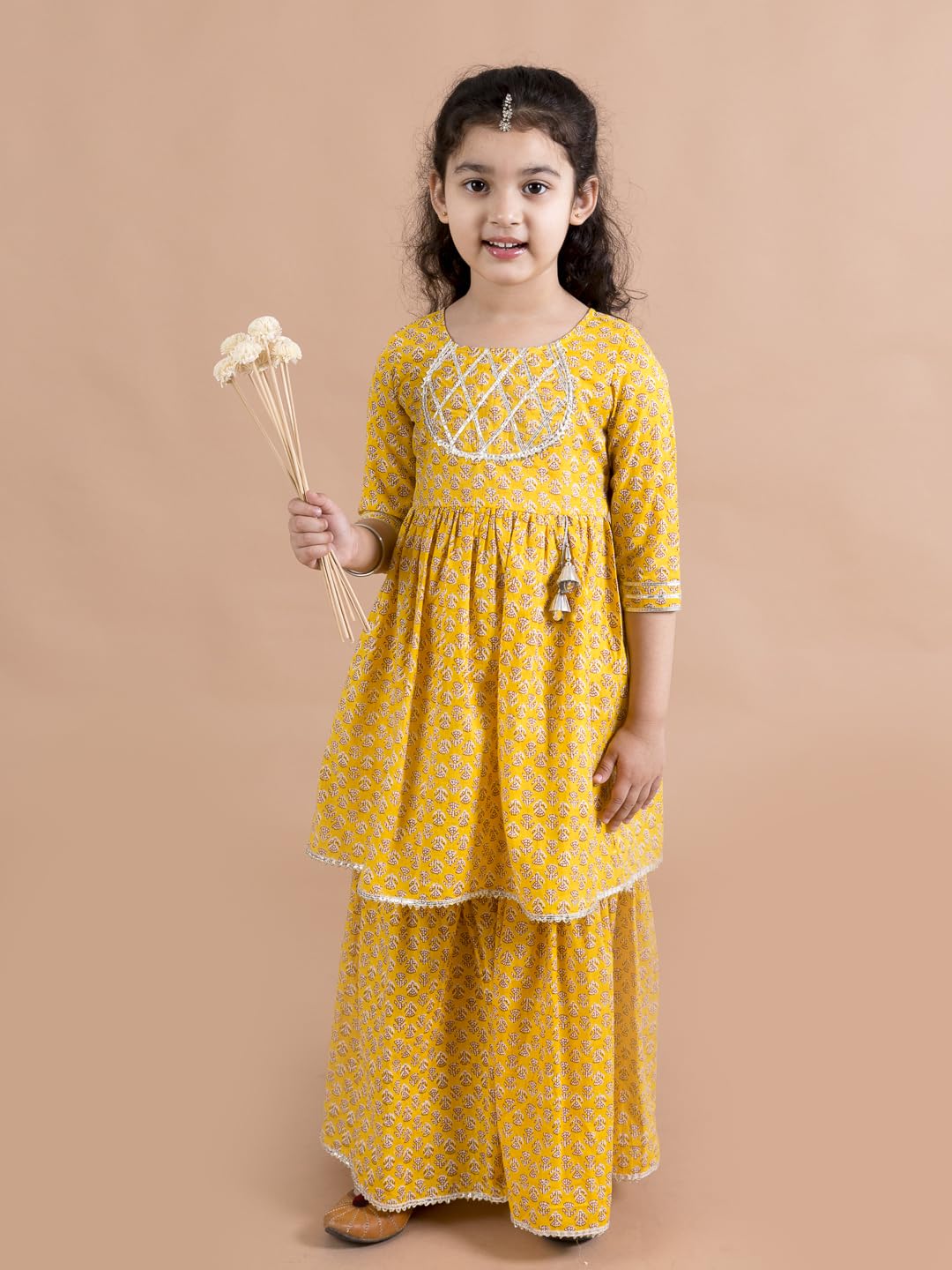 Pspeaches Girls Mustard Yellow Floral Printed Pure Cotton Kurta With Sharara (Yellow-10-12Y)