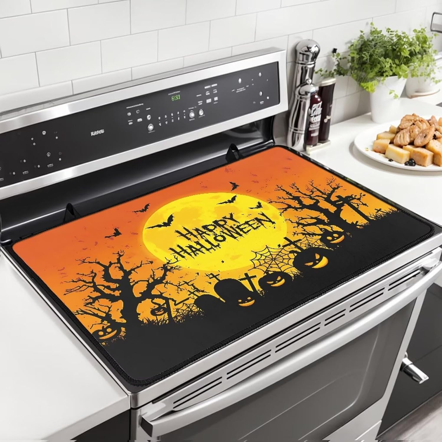 HalloweenJack-O'-Lantern Bat Print Electric Stove Cover 29 x 21 Inch Ceramic Glass Cooktop Protector Mat Heat-Resistant Induction Electric Stove Top Cover, Cute Kitchen Decor Accessory