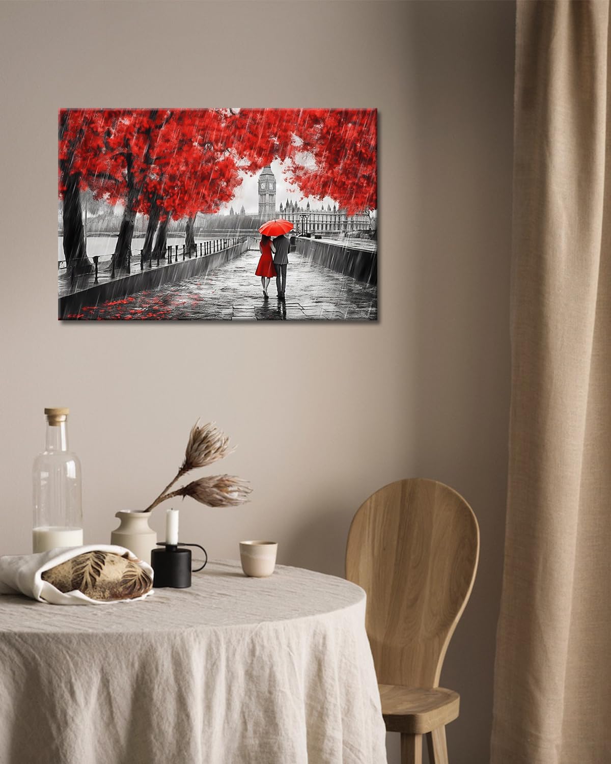 GLOKAKA Contemporary Wall Art Black White and Red Umbrella Couple in Street Big Ben Oil Painting Print Canvas Wall Art Romantic Picture Artwork for Bedroom Living Room Decor - Image 4