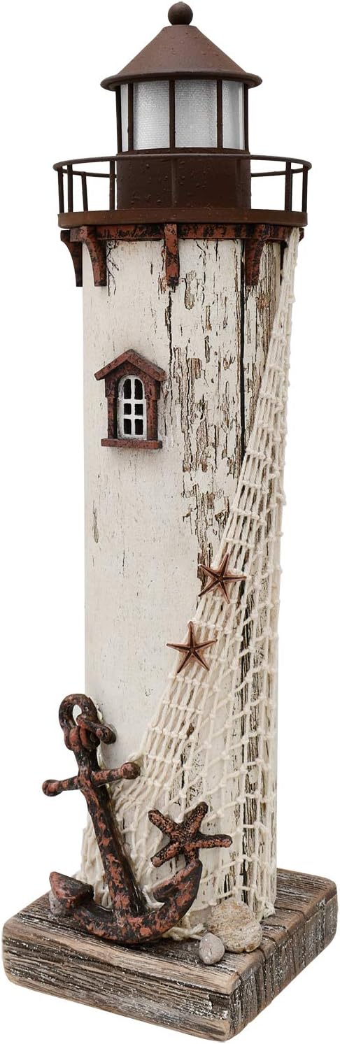 Rustic Wood Lighthouse Decor with Light Tabletop Nautical Decor, Wooden Lighthouse Nautical Decoration Beach Themed Decoration Coastal Decor Lighthouse Decoration for Home Mediterranean Decor