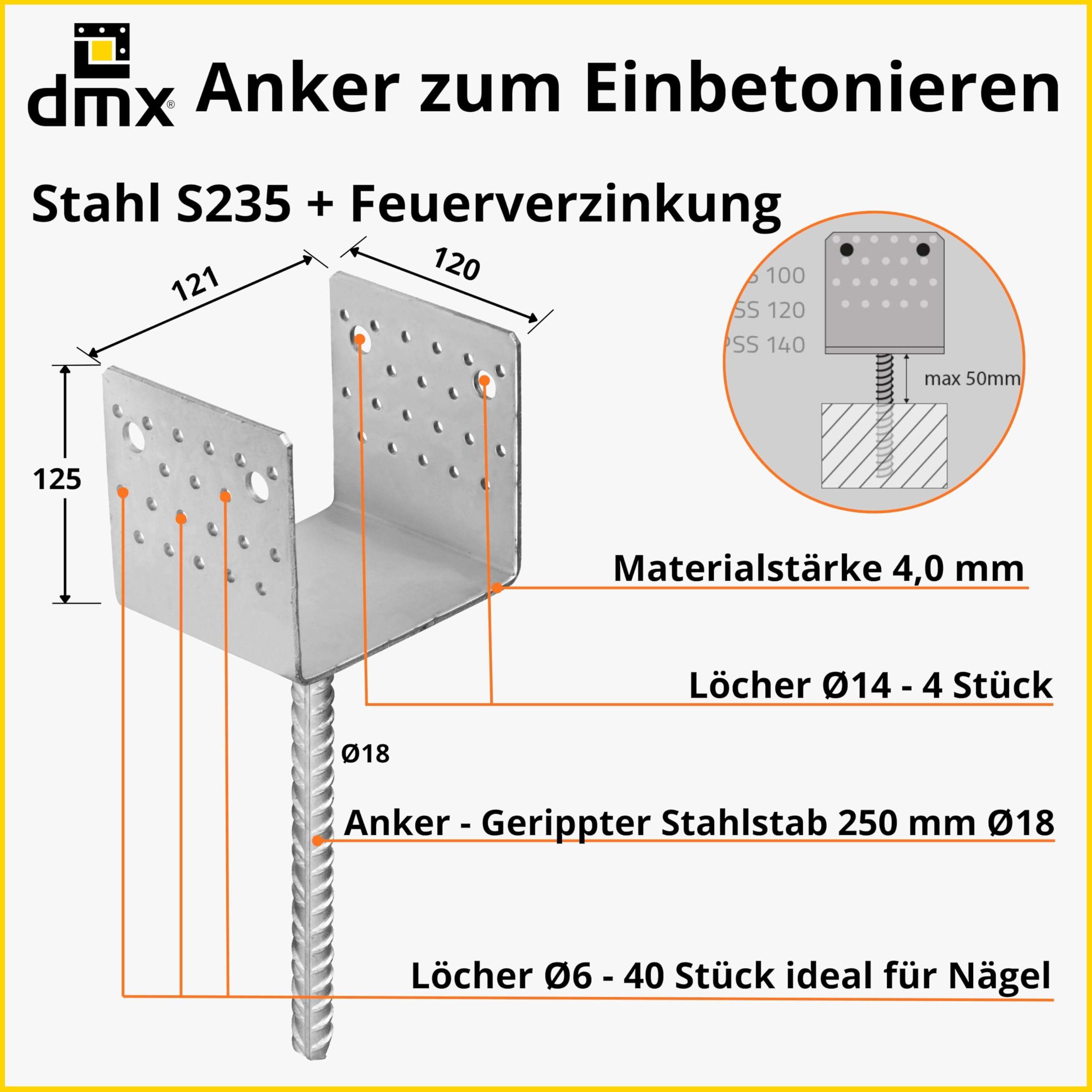 DMX U Pfostenträger 120x120 - Anker zum Einbetonieren - Pfostenanker 4er Set | U profil - Pfostenträger zum einbetonieren - Stützenfuß für Zaunpfosten - Holzpfosten - Anker - Terrasse, - Carport Pavillon