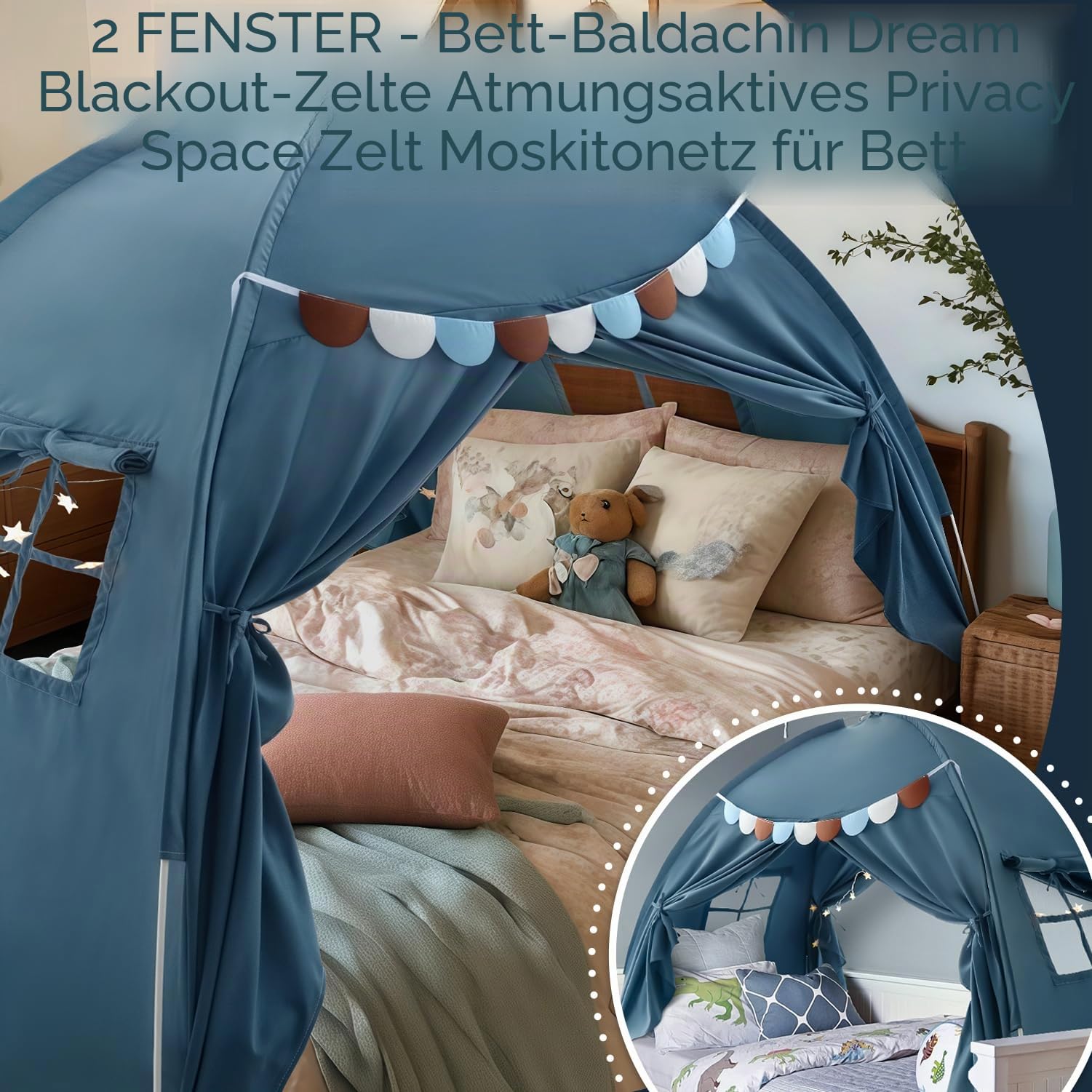 Razee Betthimmel in voller Größe für Kinder, Mädchen, Bettzelt, Traumschutz, Schlafzelte für den Innenbereich (Lichterketten und Wimpelbanner sind im Lieferumfang enthalten) (groß, blau)