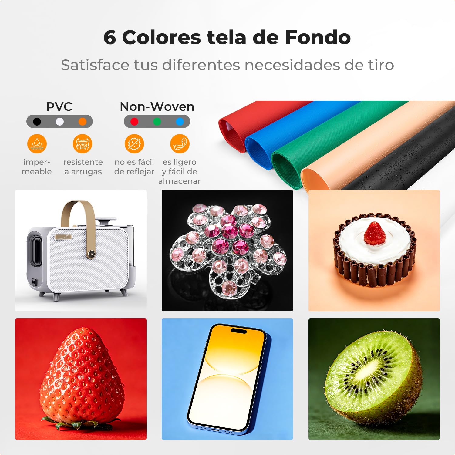 K&F CONCEPT Set de Estudio fotográfico Plegable, Mini Caja de luz Regulable de 5600K Set de iluminación de Carpa fotográfica con Fondo de PVC de 6 Colores para fotografía de Joyas (60cm)