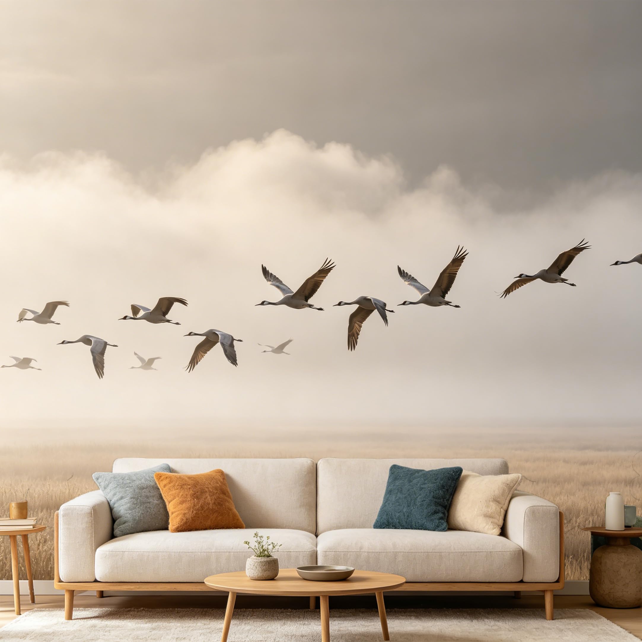 Custom Size Wall Mural Flying Cranes Landscape Misty Morning Wildlife SelfAdhesive Art Prints wall Fabric（No PVC） Removable Wallpaper Home Bedroom Decor