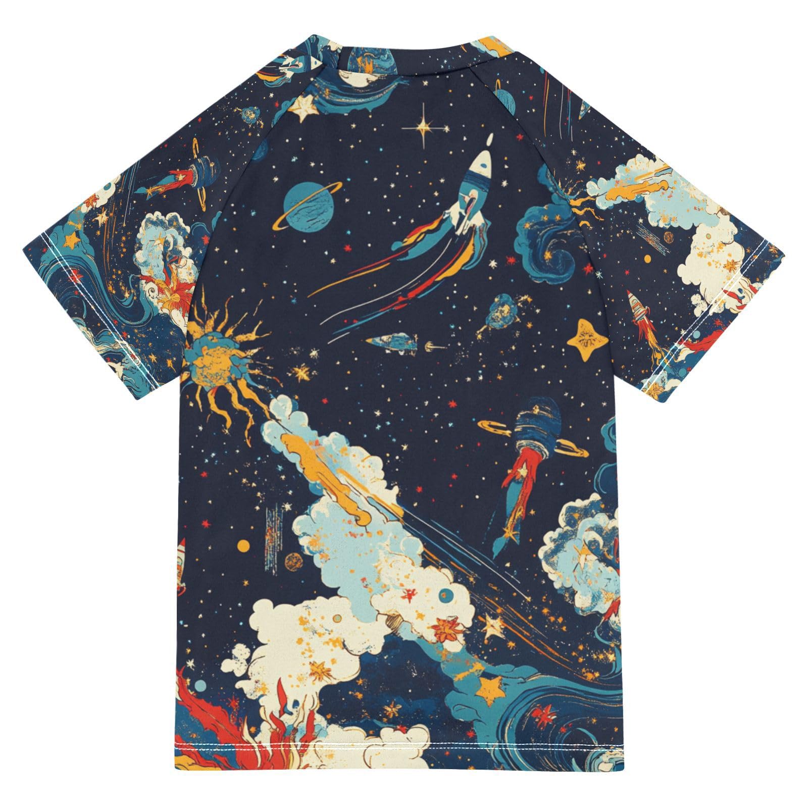 Jucciaco Boys Swimsuit Rocket Star Planet Art Sunscreen Kids Sun Rashguard Short Sleeve T-Shirts Swimwear Sets UPF 50+