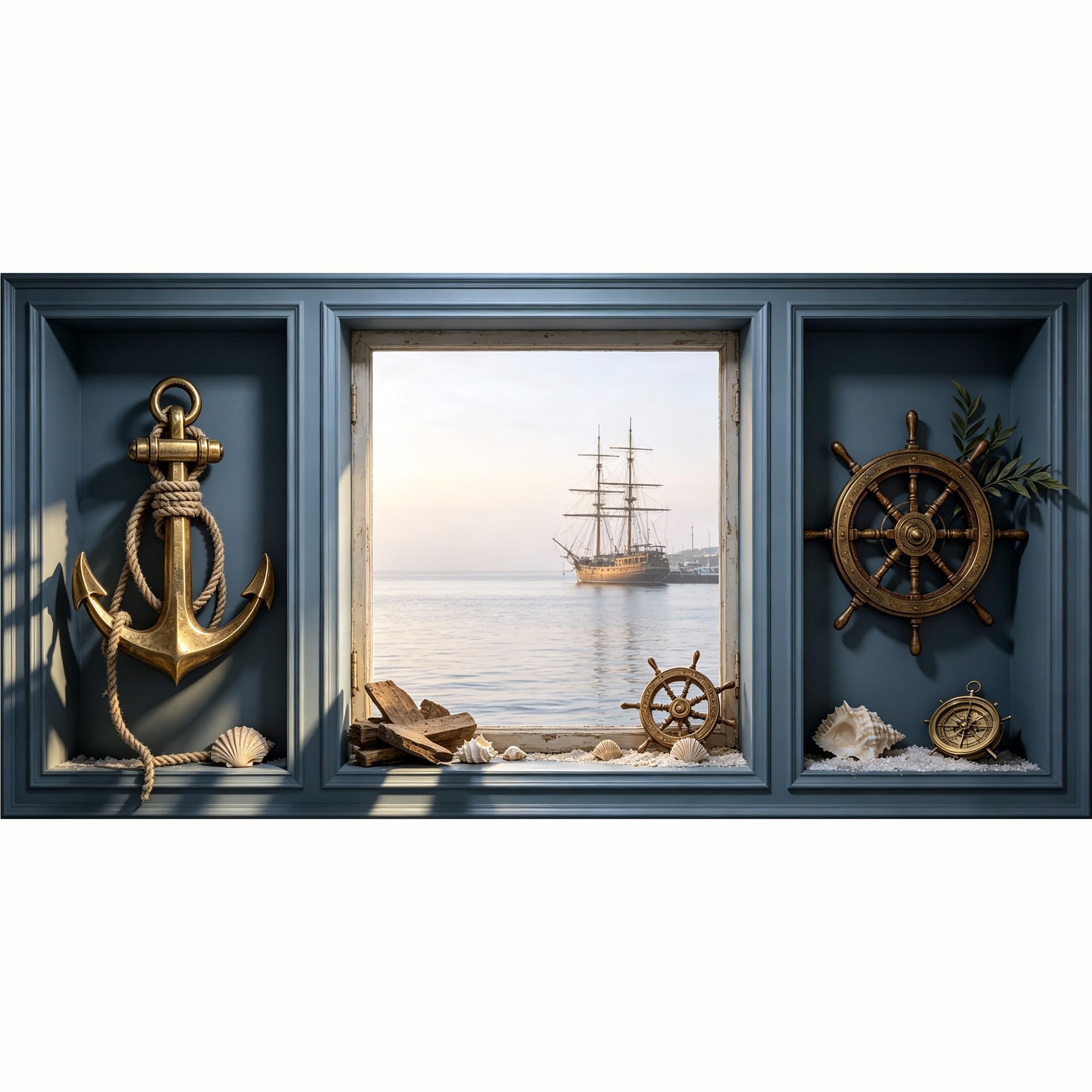 QZLITHOTIC 50x100cm 3D Framed Wall Art， Coastal Nautical Ship Anchor Wheel Self‑Adhesive Mural， Water‑Activated Peel & Stick Fabric Decor Wall Decal for Bedroom Living Room