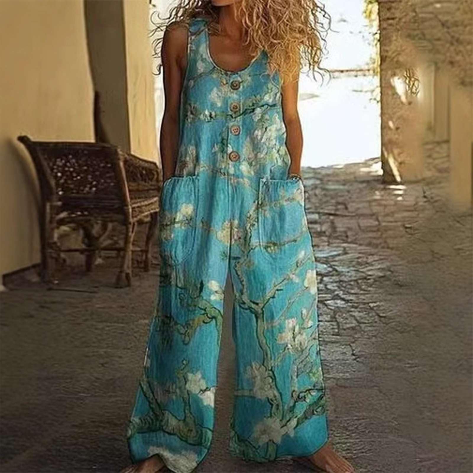 Genérico Mono Largo Mujer Verano Lino y Algodón, Salopette Sin Mangas Elegante Bohemio Estampado, Peto Holgado Transpirable con Bolsillos de Pernera Ancha para Playa Vacaciones y Diario