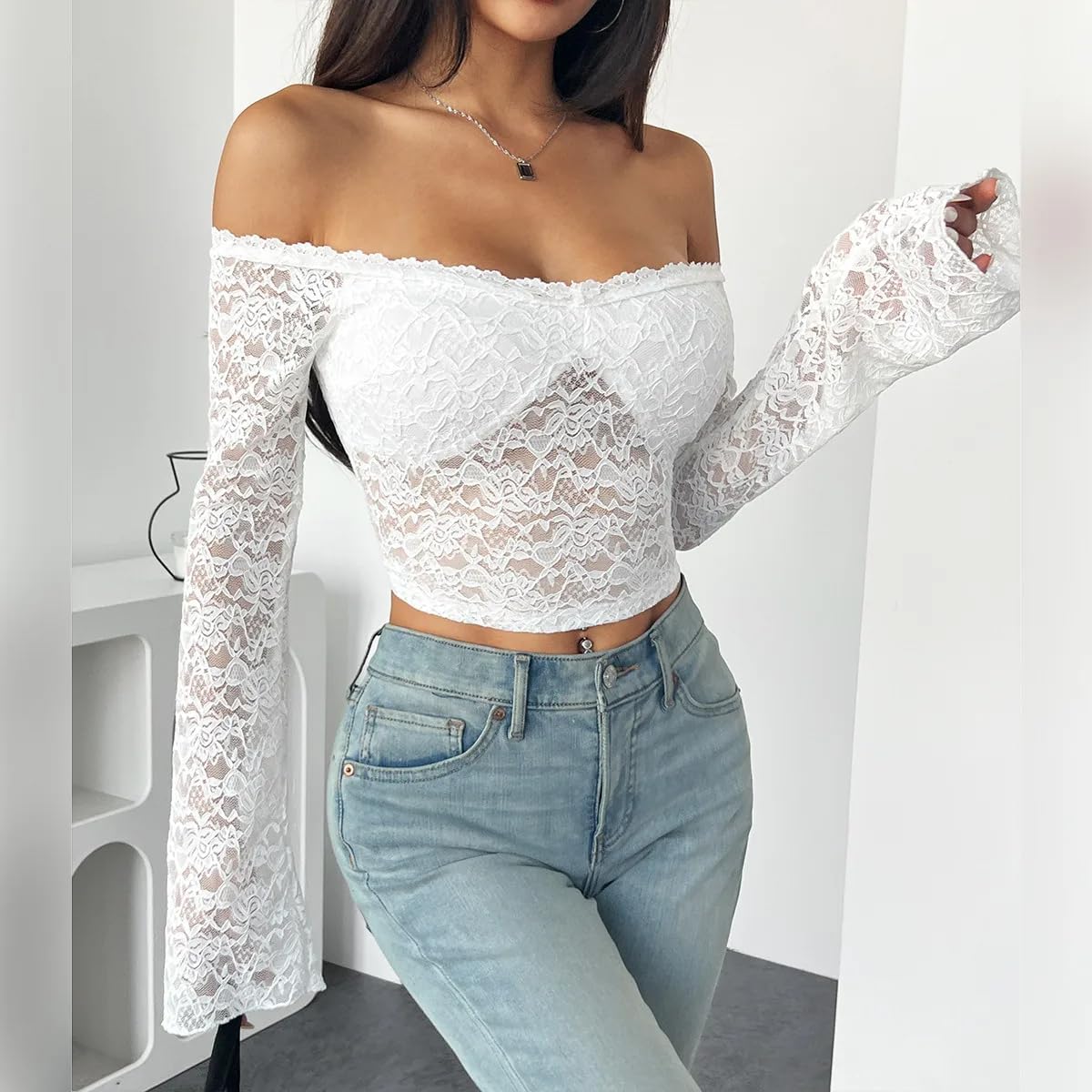 Off The Shoulder Top for Women Floral Lace Bell Long Sleeve Sexy Mesh Sheer See Through Crop Tops Shirts Blouses Y2K - Image 3
