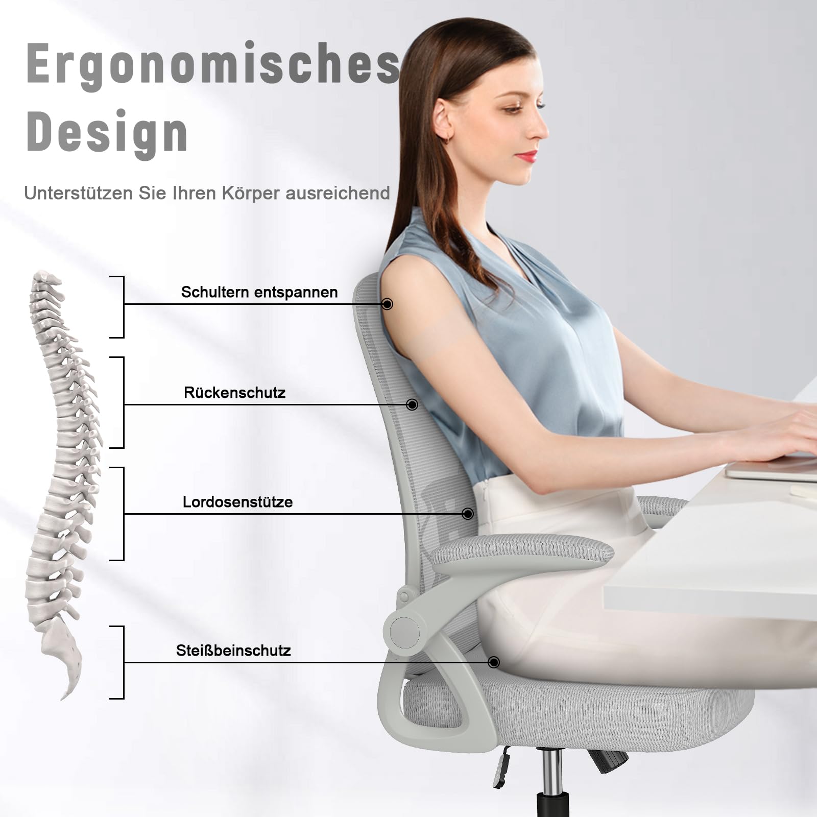 rattantree Bürostuhl mit Hochklappbaren Armlehnen, Ergonomischer Schreibtischstuhl mit Lendenwirbelstütze, Höhenverstellbar, Platzsparend, Drehstuhl für das Büro, Grau, X22F00M022