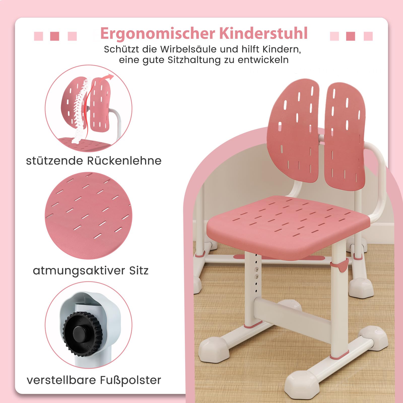 COSTWAY Schreibtisch Kinder mit Stuhl, Kinderschreibtisch höhenverstellbar mit neigbarer Tischplatte, Jugendschreibtisch mit Schublade & Buchständer für Jungen & Mädchen ab 3 Jahren (Rosa)