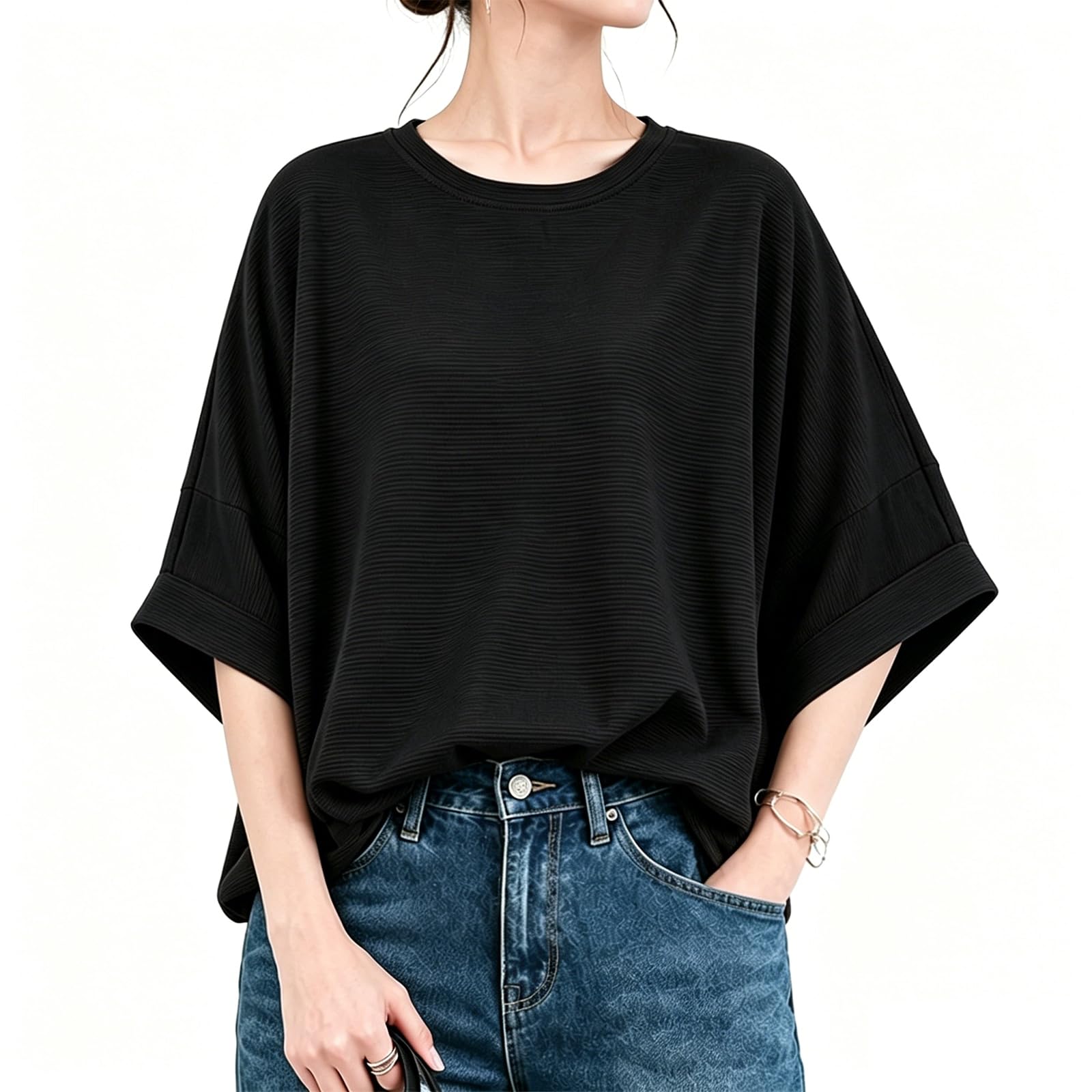 [Baobird] レディース ドルマン袖 Tシャツ 丸首 横じま 半袖 無地…