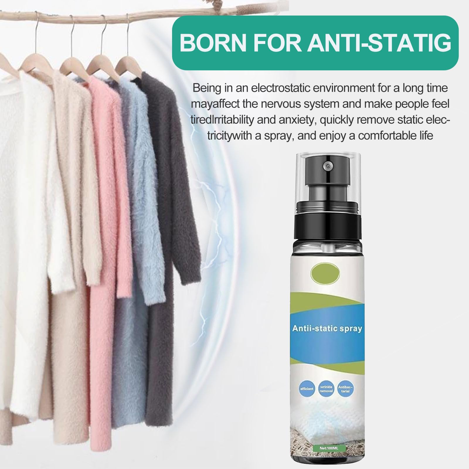 Antystatyczny spray ochronny, antystatyczny spray do ubrań, spray antystatyczny, przenośny, zapobiega statycznemu działaniu na ubraniach, tekstyliach i meblach