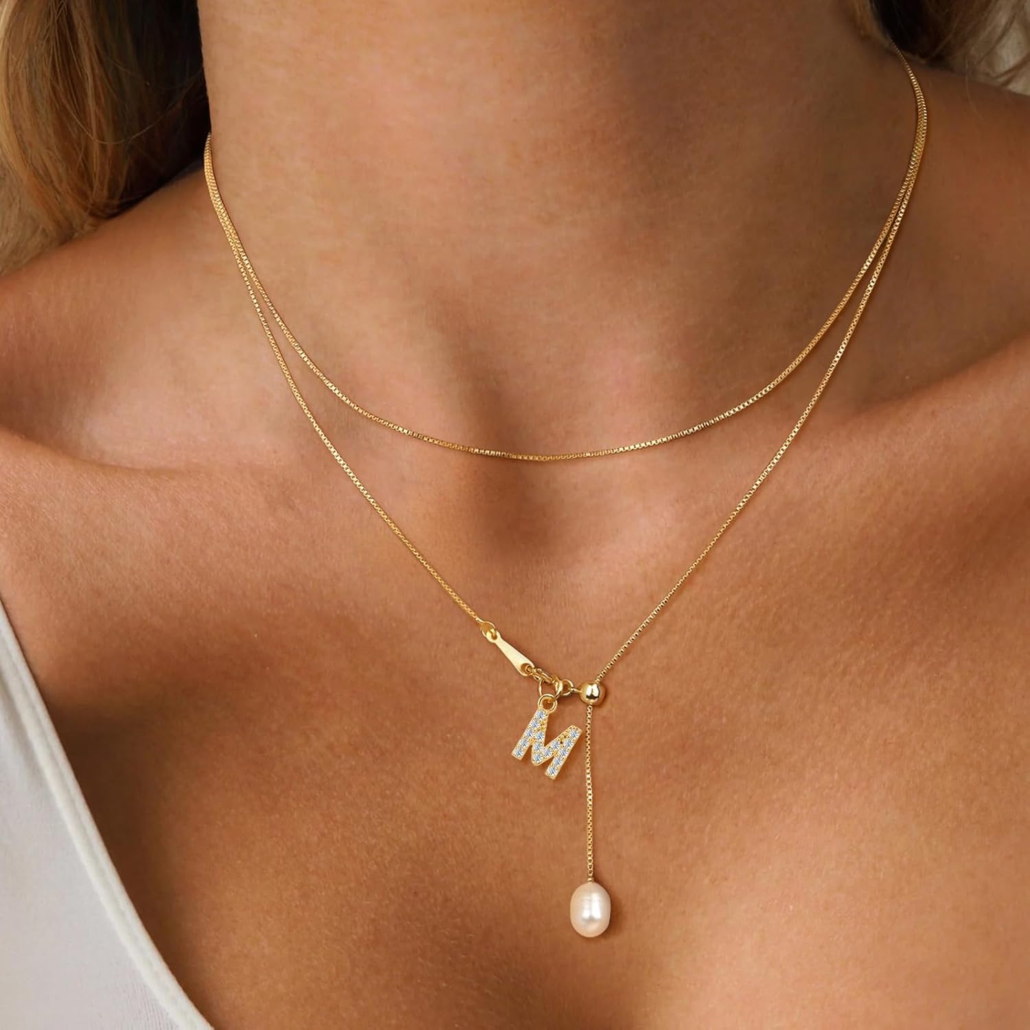 Gold Pearl Initial Necklaces for Women, Dainty Gold Letter Necklace Tiny A-Z Pendant Choker Necklaces Trendy Cute Personalized Slider Chain Name Necklace Jewelry for Women Gift - Image 4