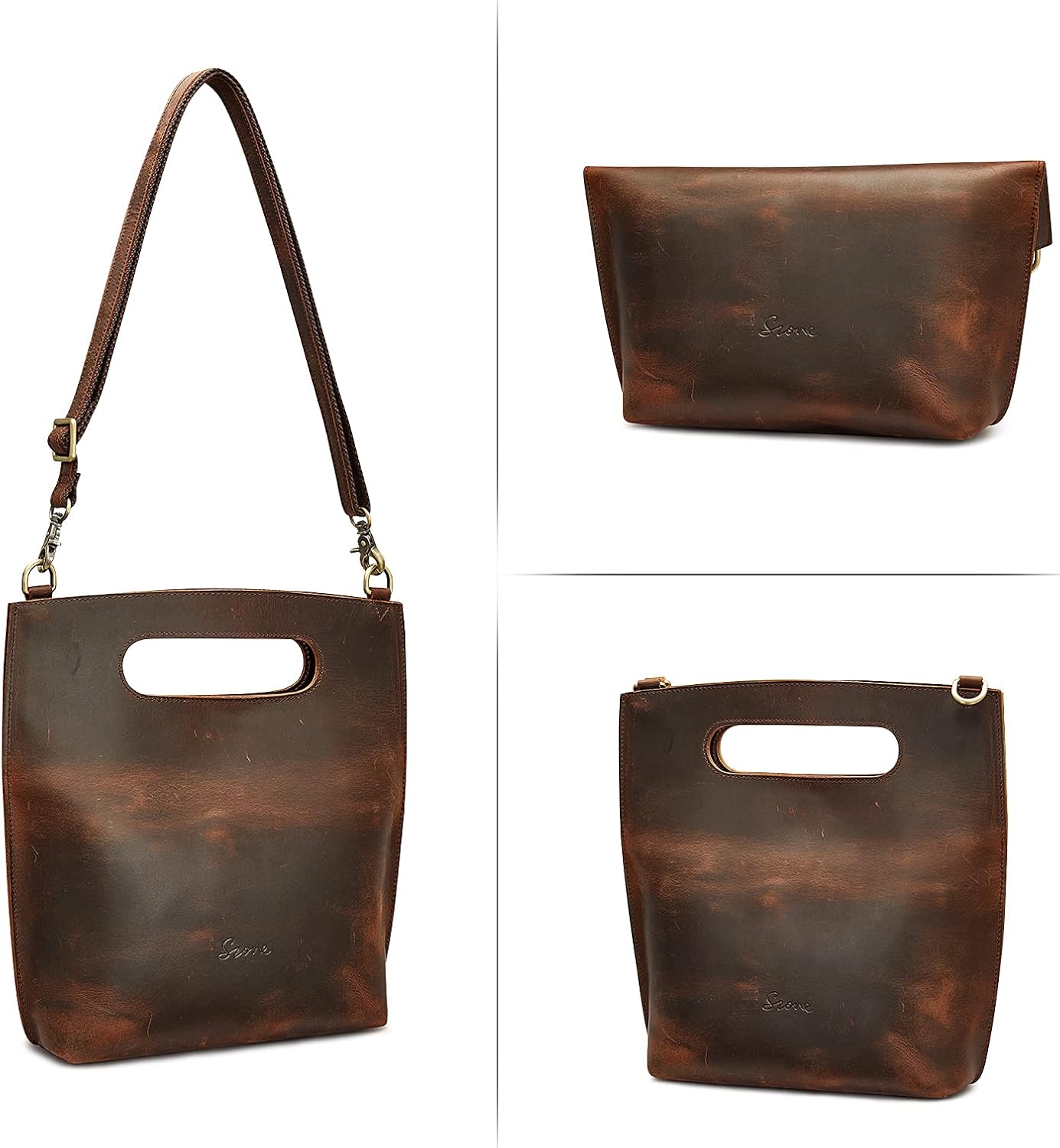 S-ZONE Women Vintage Genuine Leather Crossbody Bag Distressed Foldable Clutch Top Handle Handbag Purse - Image 7