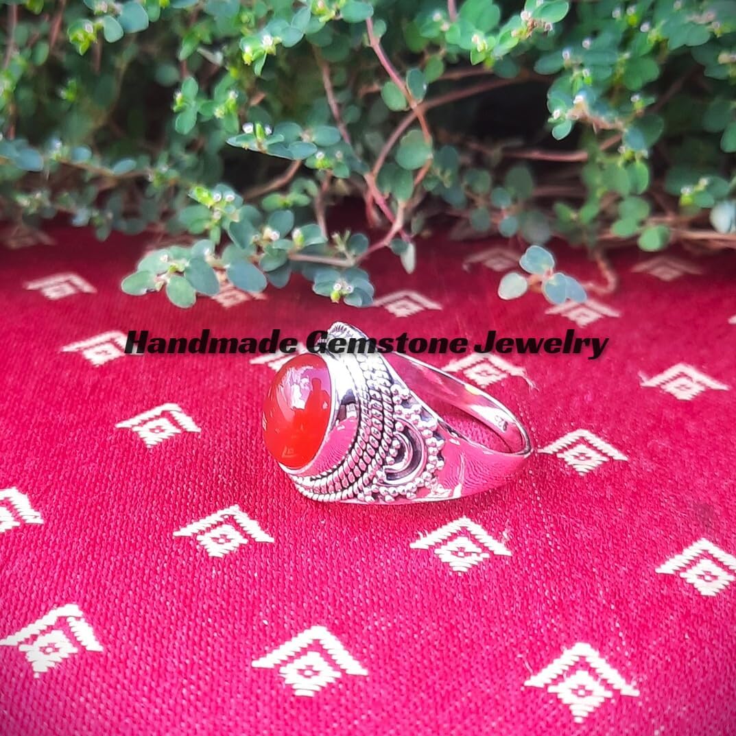 Radiant Carnelian Promise Ring for Women - Stunning 925 Silver Plated Round Orange Gemstone, Boho Cocktail Rings for Daily Wear & Birthday Gift