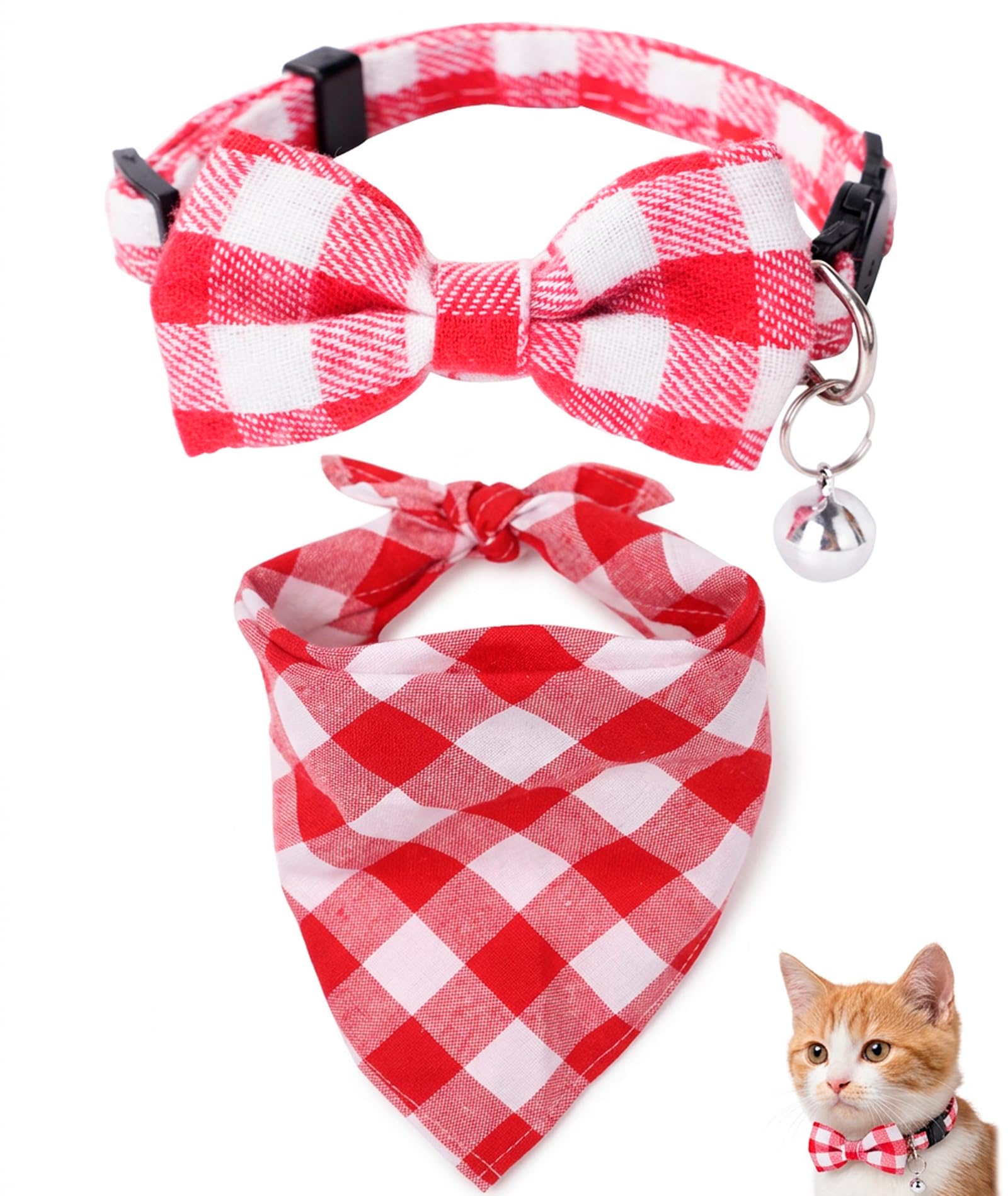 2-Piece Cat Collar with Bell, Collar, Pink Plaid Cat Collar and Bandana Set - Matching Cat Accessories for Pet Photography-image-23