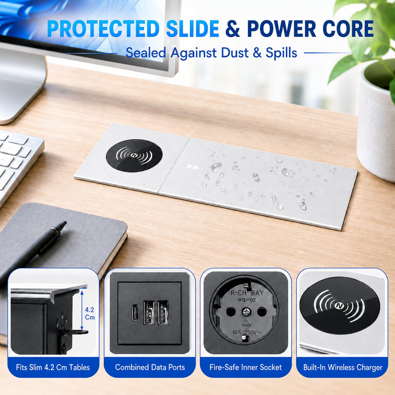 Enchufe de Escritorio Empotrable con 20W USB-C y Carga Inalámbrica(Plateado)