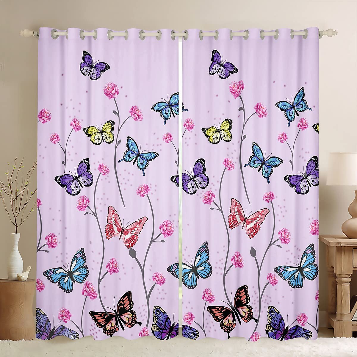 Loussiesd Butterfly Curtains for Bedroom Living Room Kids Cartoon Butterflys Flowers Blackout Curtains Purple Darkening Drapes Window Treatments W46*L72