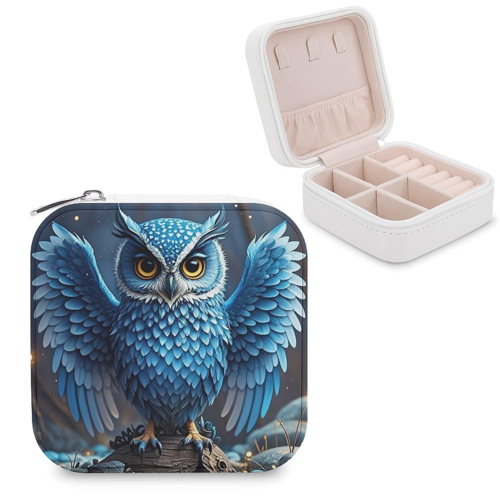FekiLoot Blue Owl Travel Jewelry Box Small Jewelry Organizer Storage Case Portable PU Leather Mini Jewellry Travel Case Necklace Ring Storage Organizer Gift for Women