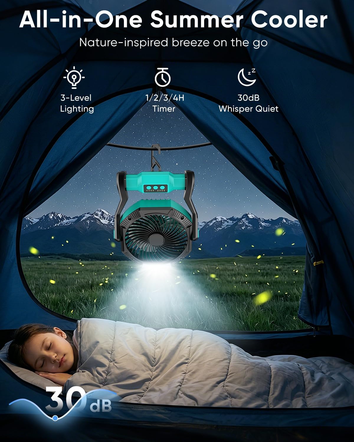 Portable Rechargeable Fan, 20000mAh Battery Powered Camping Fan with LED Light & Hook, 270° Adjustable, 4-Speed, 4H Timer Camping Essentials for Outdoor Tent Travel BBQ Car_Blue image 3