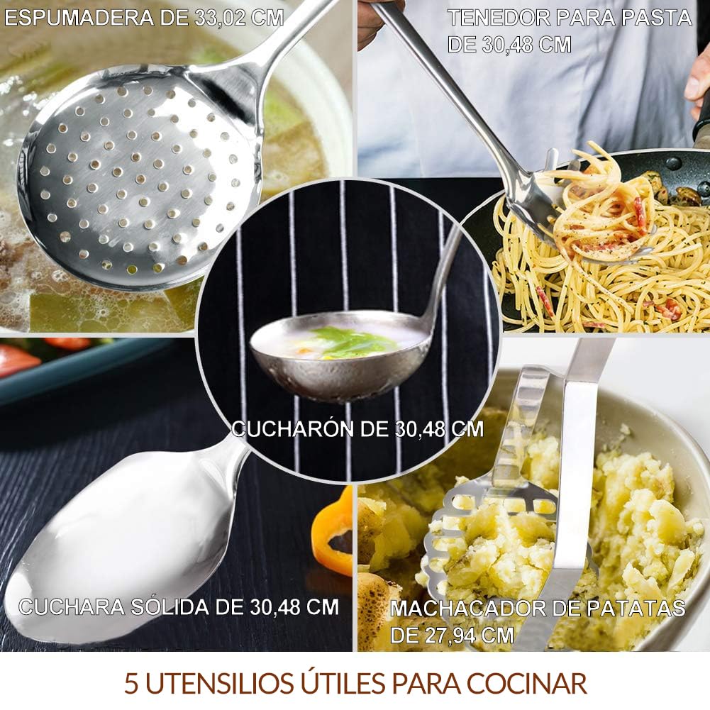HOMICHEF Juego de utensilios de cocina de acero inoxidable sin níquel de 14 piezas - Ollas y sartenes sin níquel - Juego de utensilios de cocina no tóxicos - Batería de cocina de inducción saludable