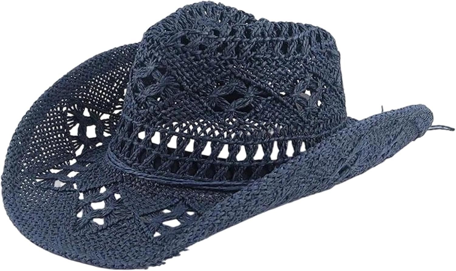 GYFGRTQ Hand-Woven Wide Brim Straw Cowboy Hat, Breathable Jazz Panama Cap for Beach Travel, Nv