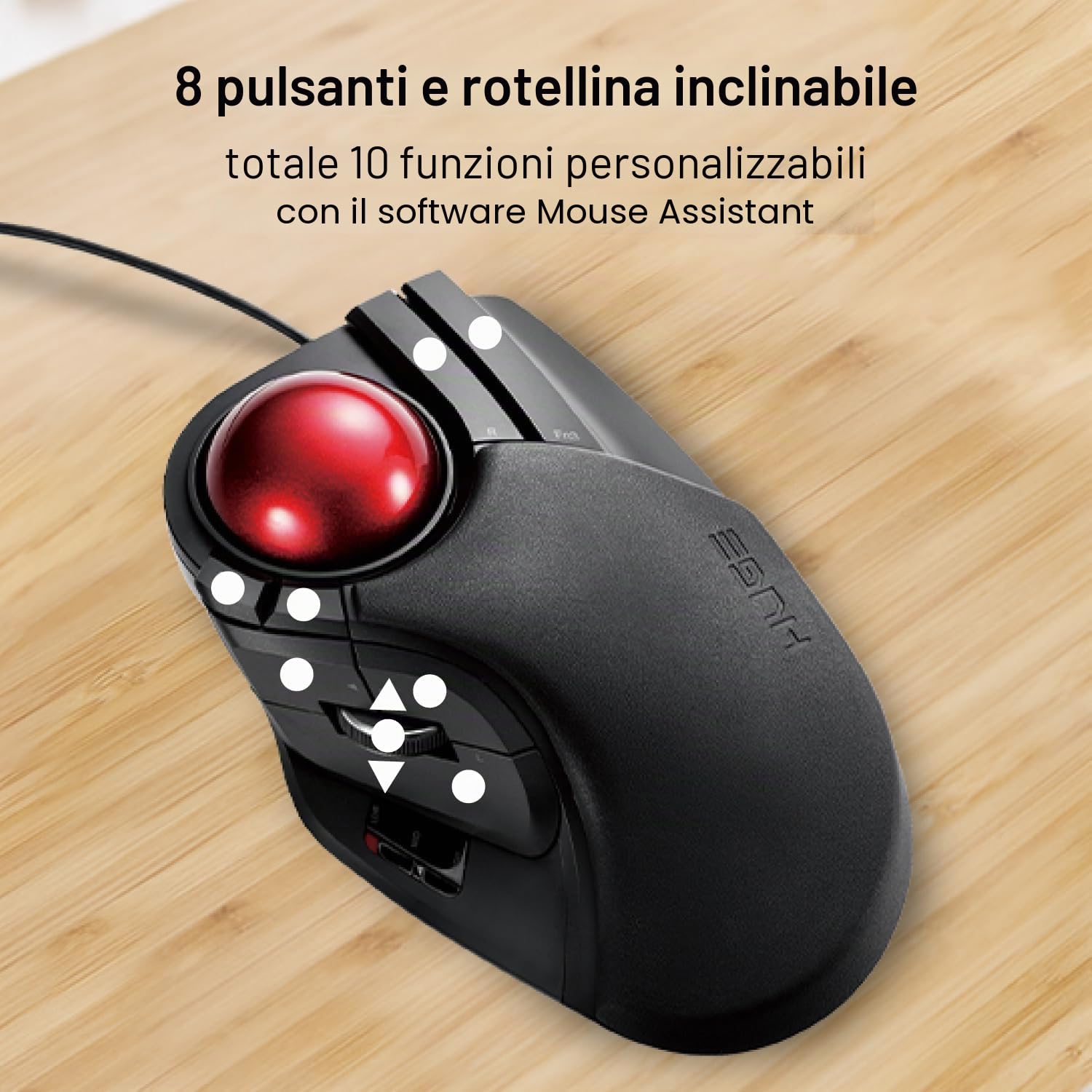 ELECOM HUGE Trackball Mouse, cablato, azionato con dito, funzione a 8 pulsanti, poggiapolsi attaccato, 52 mm palla rossa liscia Windows11, macOS (M-HT1URBK)
