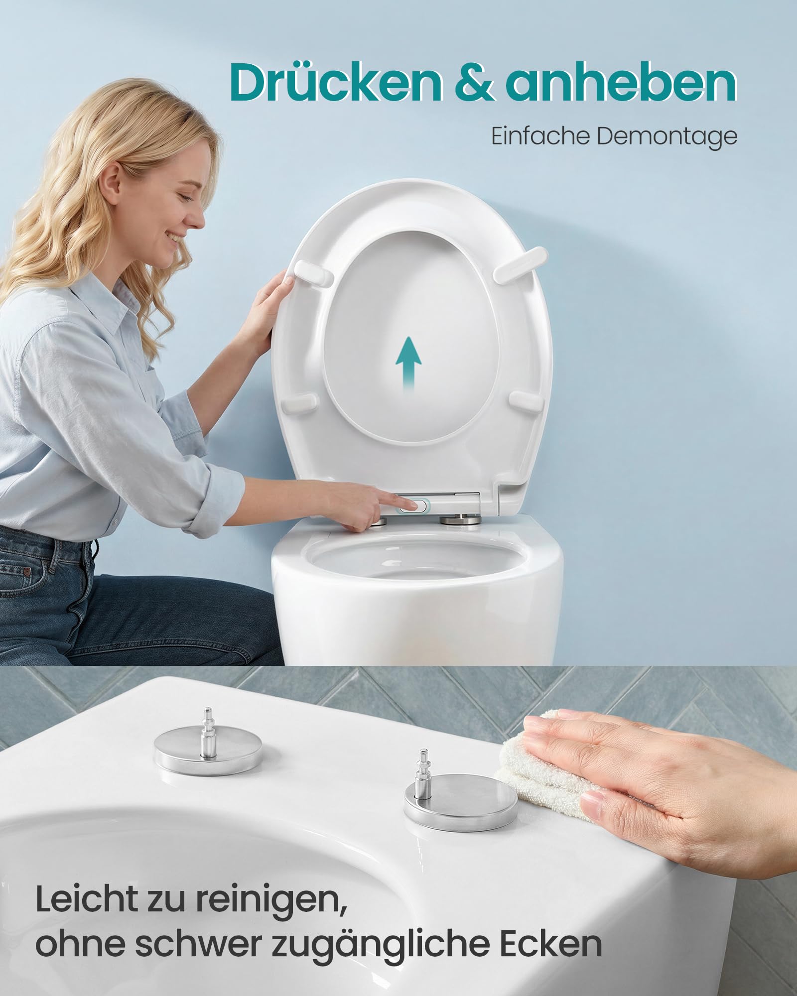 SONGMICS Toilettendeckel O-Form, WC-Sitz mit Absenkautomatik, Griff, Toilettensitz schnell abnehmbar, Klodeckel einfache Montage, WC-Deckel Urea-Duroplast, bis 300 kg belastbar, weiß BTL101WZ01