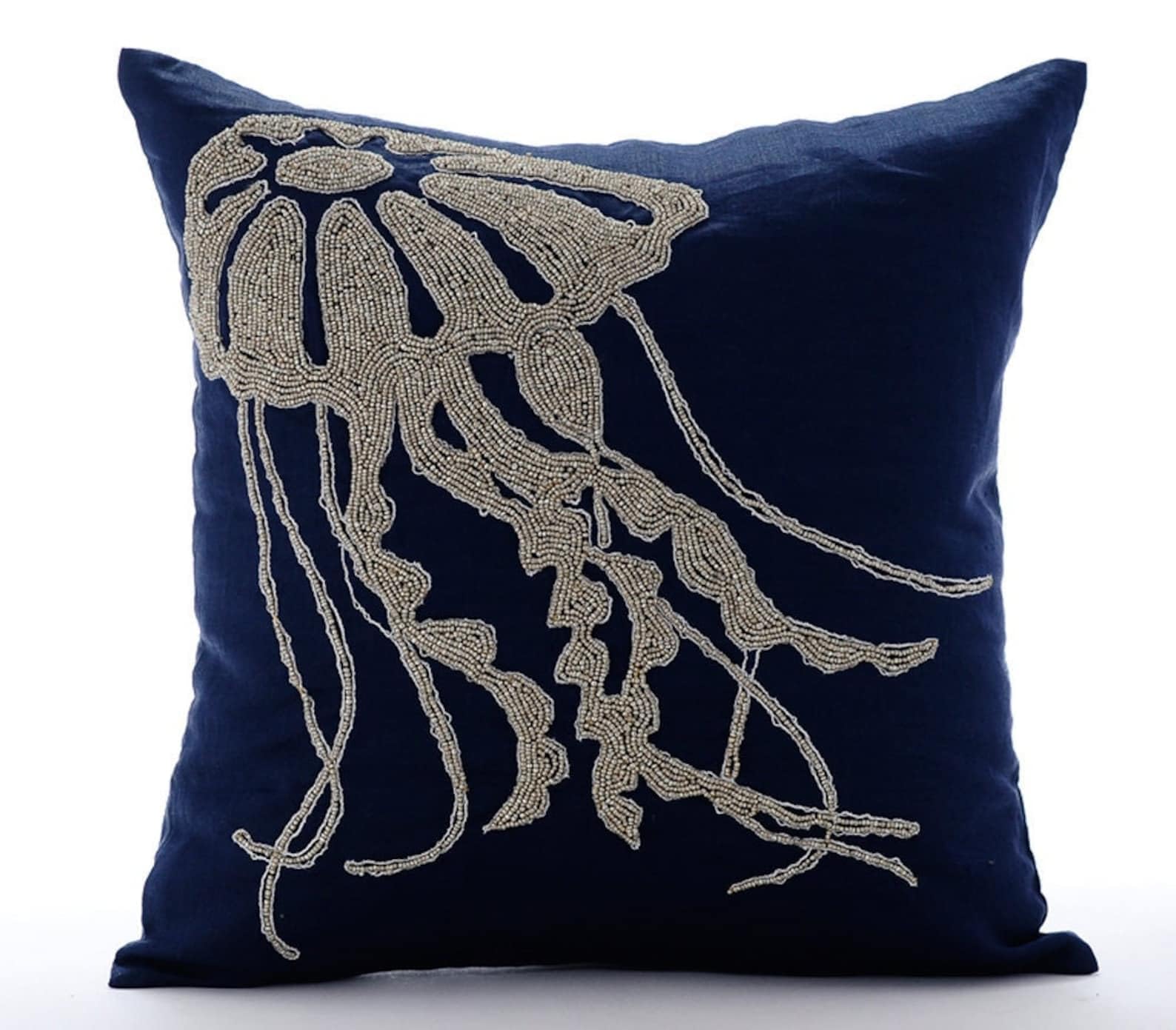The HomeCentric Navy Blue Cushions Cover Beaded Jelly Fish Sea Creatures Ocean and Beach Theme Cushions Cover Pack of 2, 50x50 cm (20"x20") Floral Cotton Linen - Jelly Fish At The Shore