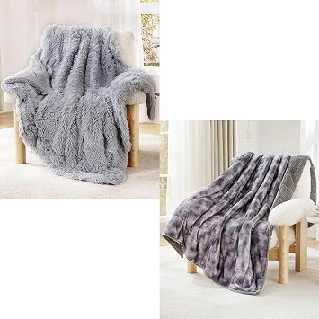 Faux Fur Blanket Queen Size 60"x80"Grey + Adult Weighted Blanket Queen Size 60"x80" 15lbsTie-Dye Grey