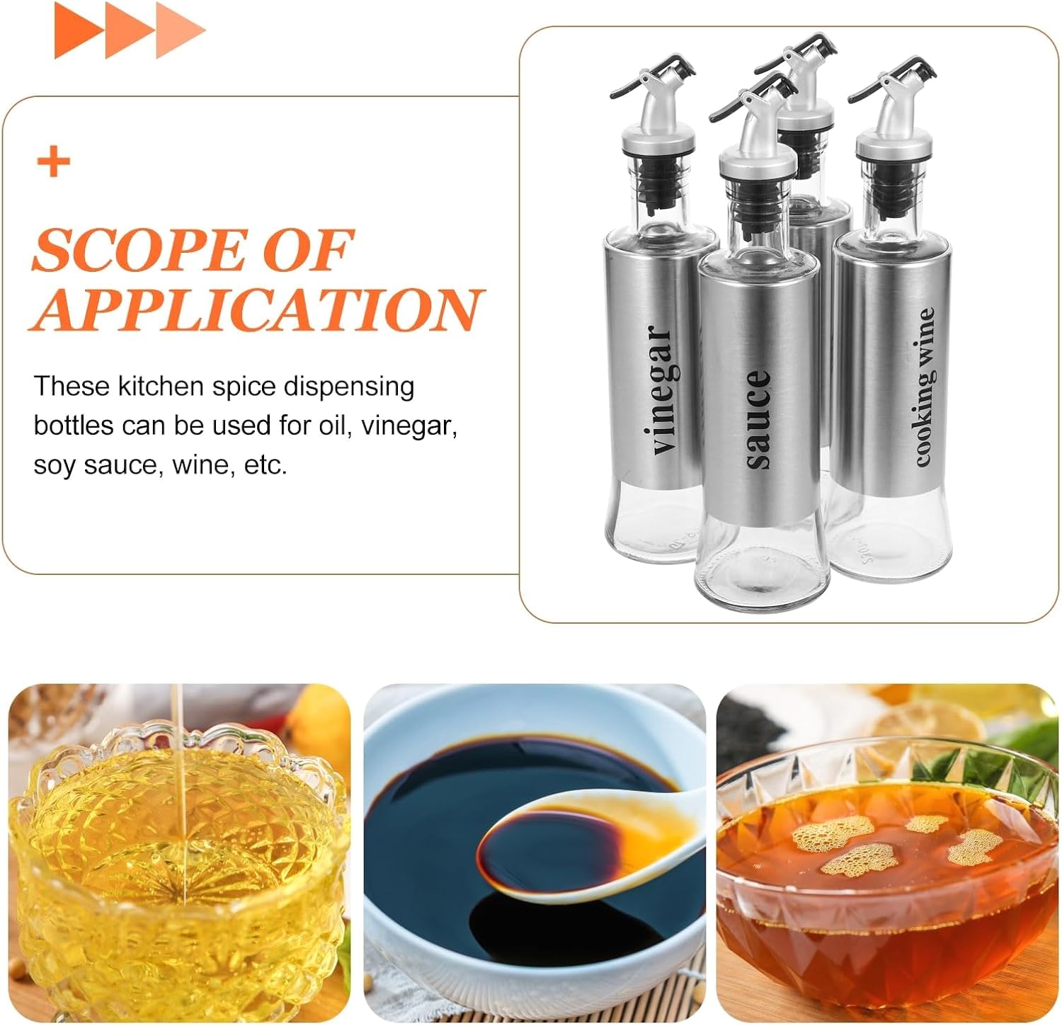 4-Piece Glass Oil and Vinegar Dispenser Set with Stainless Steel Spouts, Drip-Free Design, 300ml Kitchen Seasoning Bottles for Cooking and Dining