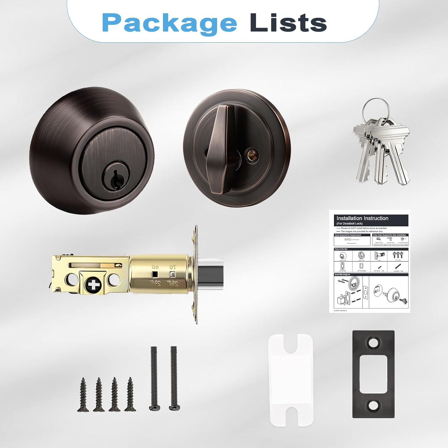 1 Pack Single Cylinder Deadbolts Oil Rubbed Bronze, Front Door Deadbolt with Keys, Interior & Exterior Door Hardware (for Entrance Lock and Front Gate)