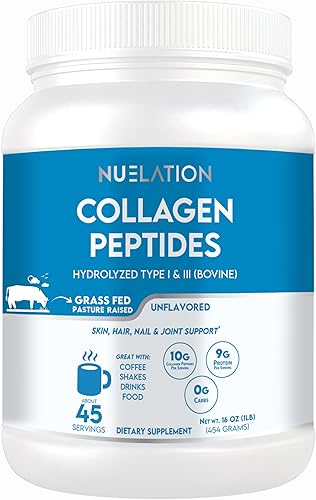 Proteína en polvo de péptidos de colágeno alimentados con pasto sin sabor 1 libra, 45 porciones. Colágeno bovino hidrolizado tipo 1 y 3 para mujeres