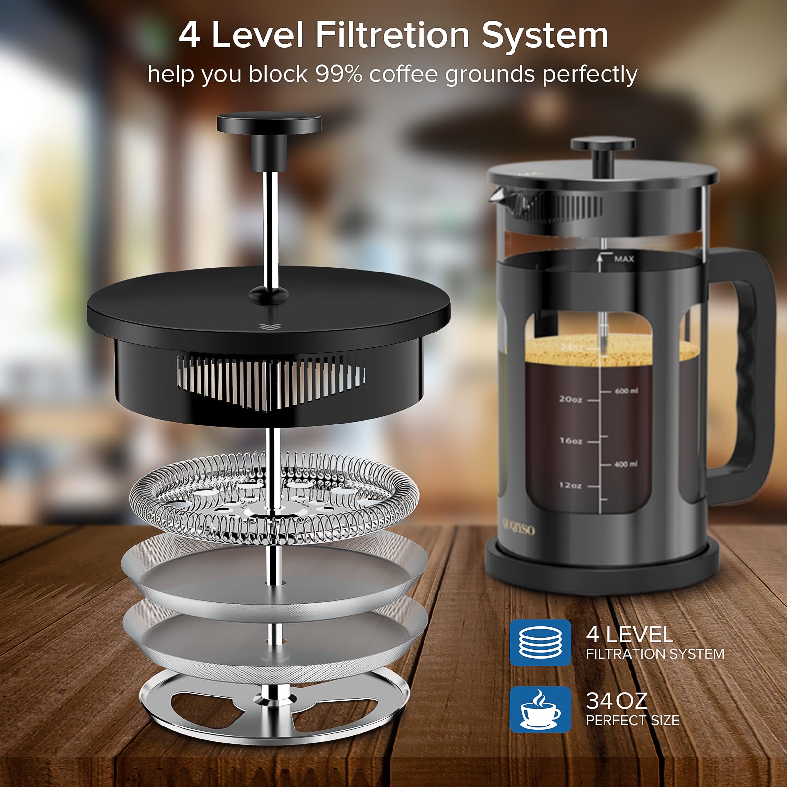 QUQIYSO Cafetera francesa de 34 onzas, prensa francesa de acero inoxidable 304 con 4 filtros, resistente al calor, duradera, fácil de limpiar, prensa de café de vidrio de borosilicato, tetera de
