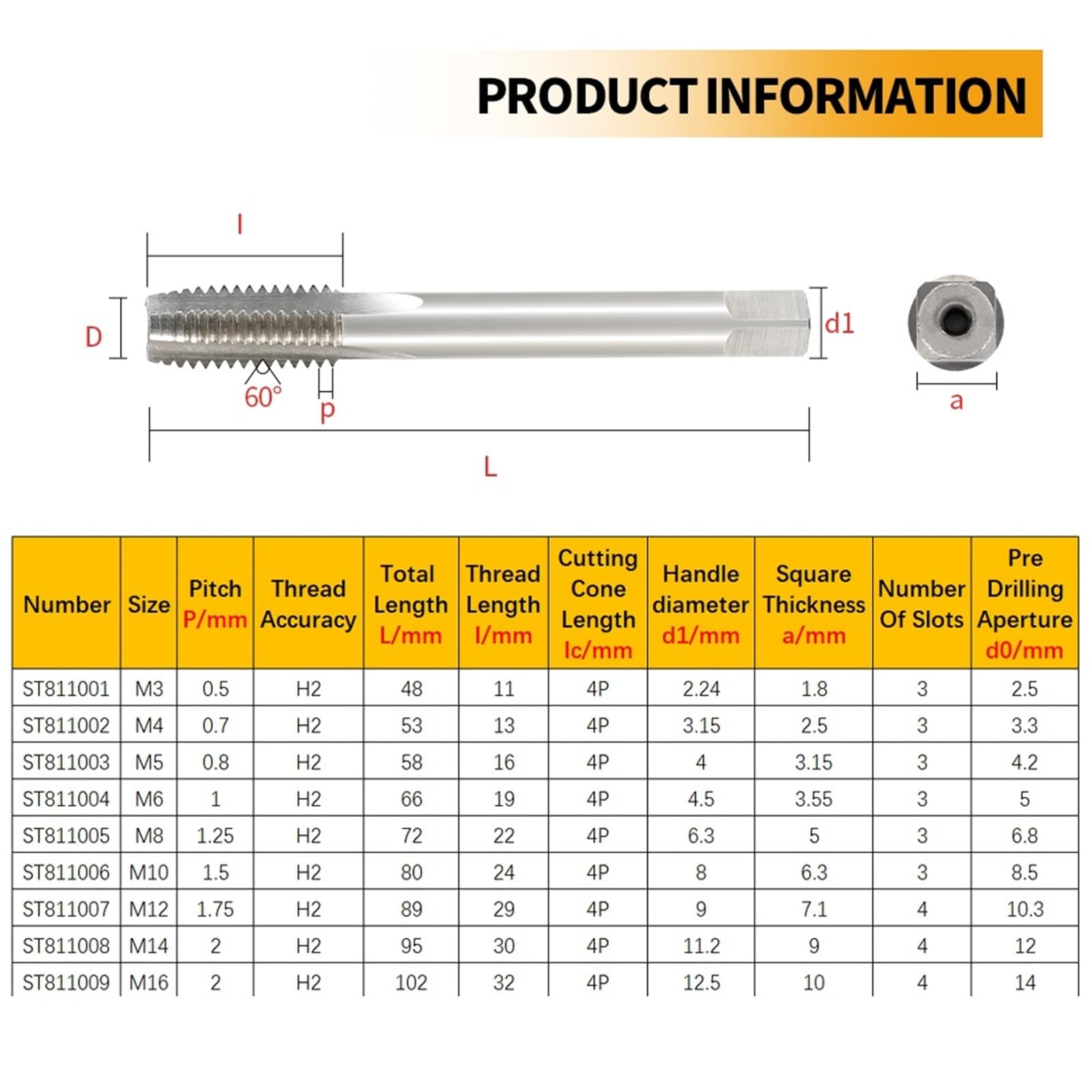 Machuelo de roscar de Flauta Recta de vástago Largo HSS, Macho de roscar de Agujero Profundo, Macho métrico para Herramientas de metalurgia (M6x1.0)