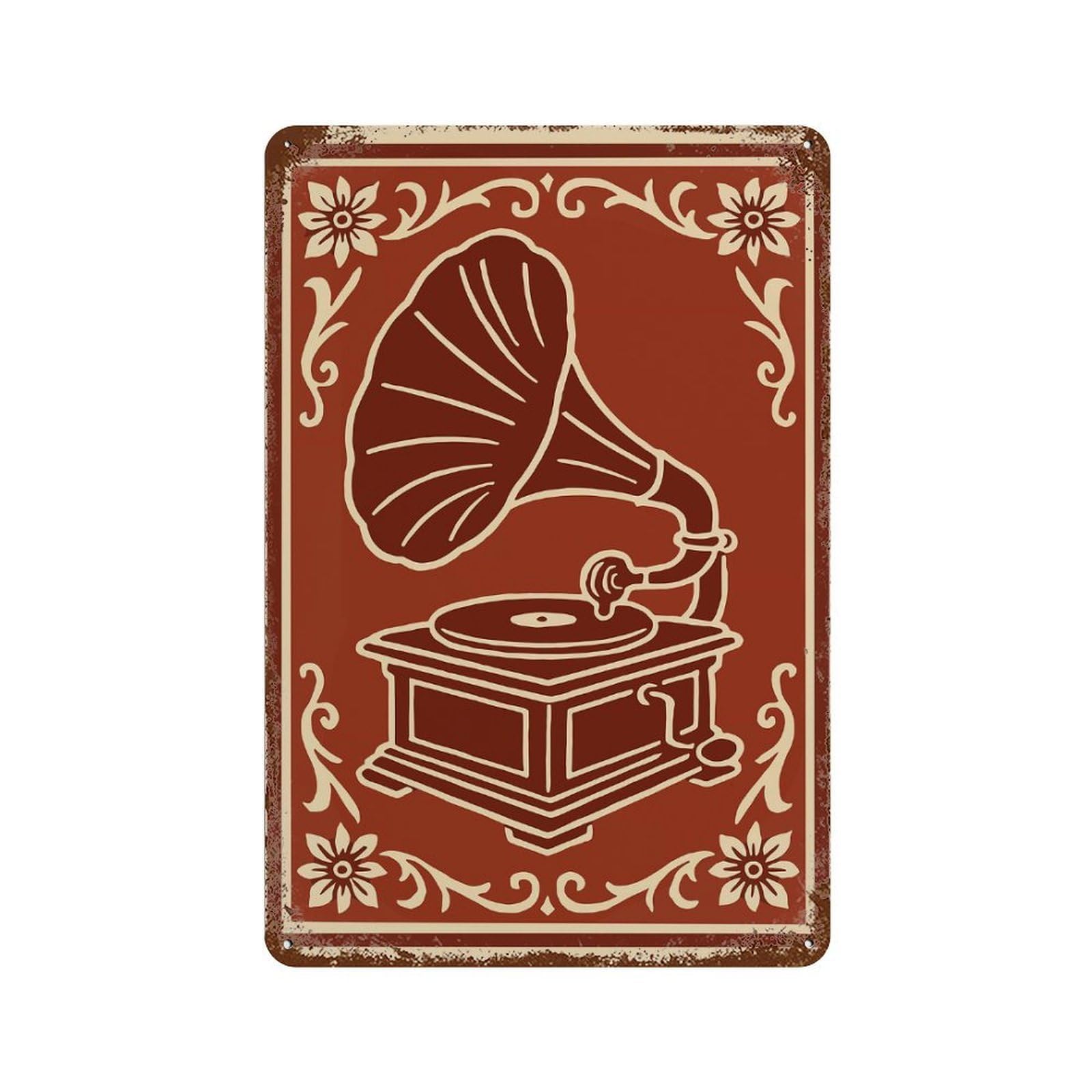 Decorative Tin Sign with Vintage Gramophone Art Deco Illustration Design 11.8"x7.9", for Farmhouse, Kitchen And Entryway Decor, Old School Wall Decor