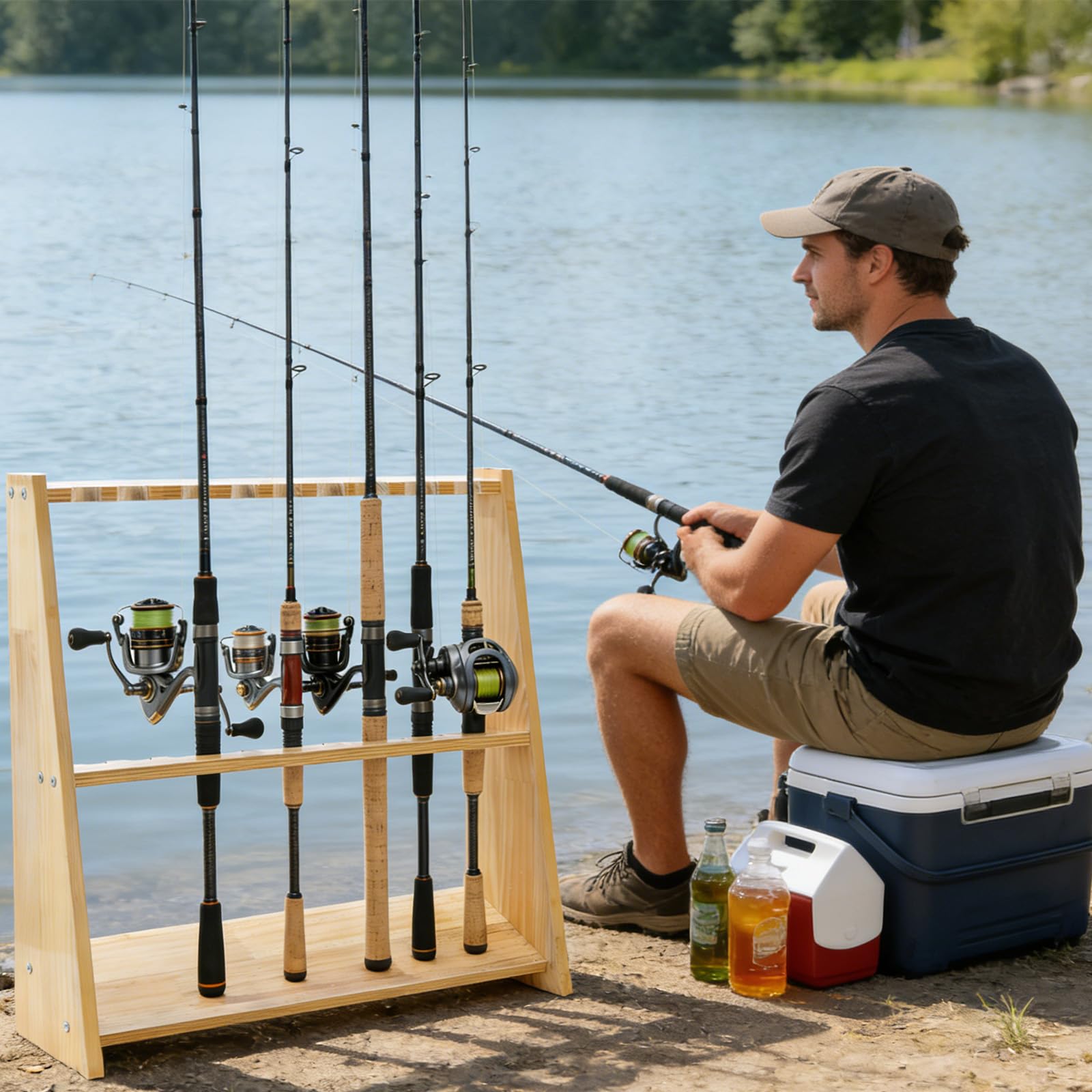 Supporto per canna da pesca in legno, per 10 canne da pesca, attrezzatura da pesca, stecche da biliardo, attrezzatura da pesca, idea regalo per uomini, pescatori, papà, 60 x 18 x 58 cm