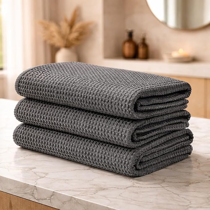 Cutting EDGE 270 GSM Car & Bike Cleaning Cloth Set of 3, Shining Waffle Weave Microfiber Towel, Super Absorbent, Lint-Free & Scratch-Free for Car Drying, Cleaning & Polishing, Grey (48x40 cm)