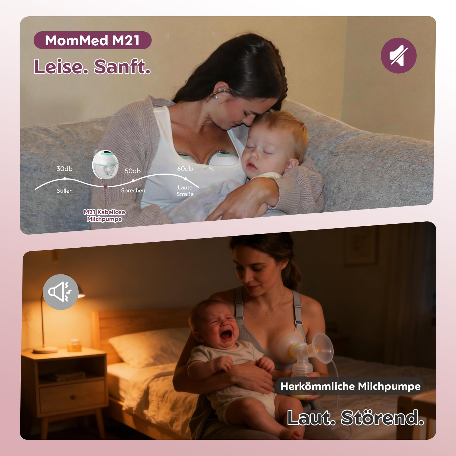 MOMMED Milchpumpe, 27mm Milchpumpe Elektrisch mit 4 Modi & 12 Saugstärken, Eingebautem Nachtlicht & Leckschutz-Design, Inklusive 17/19/21/24mm Flansch-Einsätze