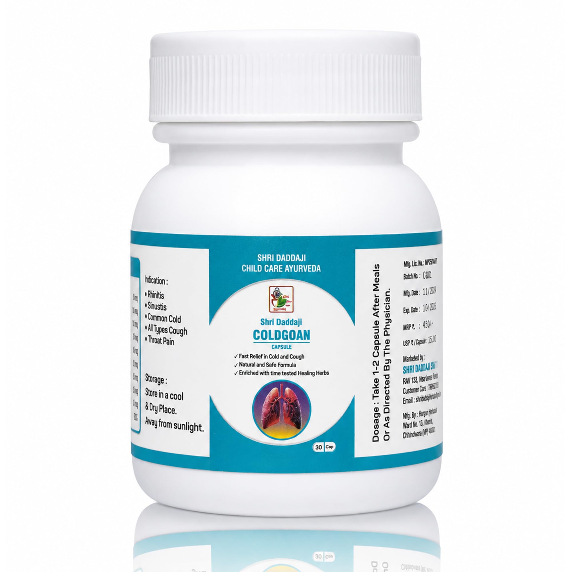 COLDGOAN Capsules, Natural Ayurvedic Medicine for Cold,Cough & Sinusitis Relief, Relief from Throat Pain & Common Cold, Herbal Supplement, 30 Count