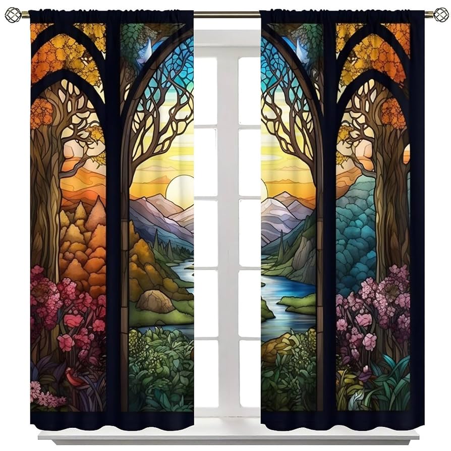 草原を駆け回るユニコーン ヴィンテージ ステンドグラス 城と自然と鳥 草原を駆け回るユニコーン ヴィンテージ ステンドグラス 城と