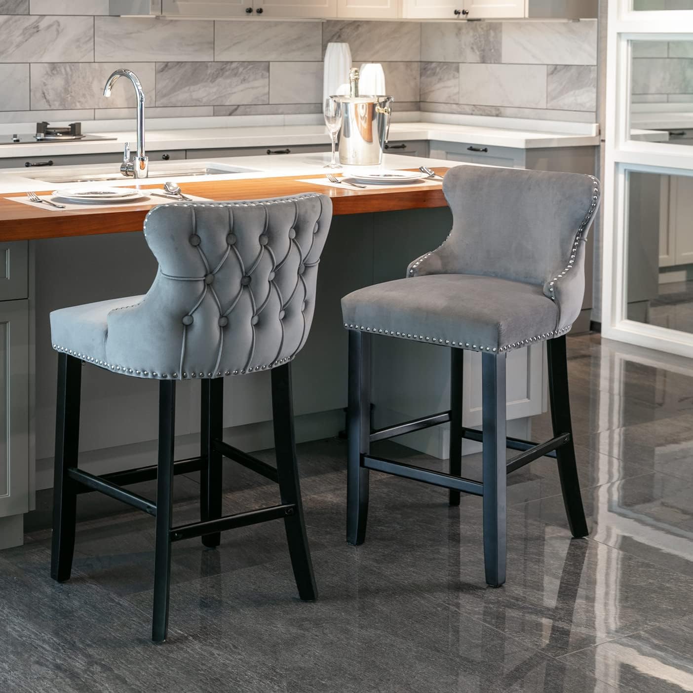 Rhomtree Counter Height Bar Stools 26" Set of 2 Wood Bar Stools with Upholstered Seat Bar Chairs with Back Dining Room Chairs for Kitchen, Bistro, Coffee, Pub (Gray, Set of 2)